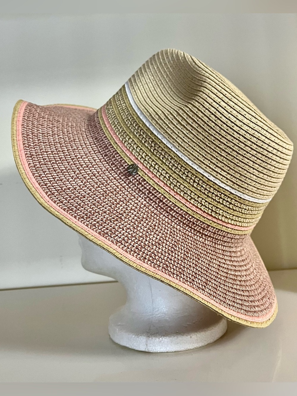 Renato Balestra Wide Brim Summer Straw Hat with Pink and Natural Stripes